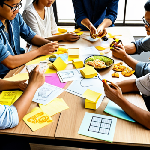 Home 15 **A diverse group of people brainstorming ideas around a table covered in sticky notes, sketches, and prototypes. The atmosphere is energetic and collaborative, with Malaysian snacks and drinks scattered around.** (Focus: Design Thinking Ideation phase, Malaysian context)