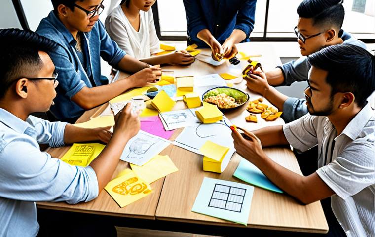 **A diverse group of people brainstorming ideas around a table covered in sticky notes, sketches, and prototypes. The atmosphere is energetic and collaborative, with Malaysian snacks and drinks scattered around.** (Focus: Design Thinking Ideation phase, Malaysian context)
