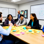 A diverse group of professional individuals, male and female, of various ethnicities, in their 30s-40s, engaged in an energetic Design Thinking workshop. They are fully clothed in modest professional business attire, gathered around a large table covered with colorful sticky notes and sketches. Some individuals are actively writing on a whiteboard, while others are discussing animatedly. The focus is on collaborative problem-solving and user empathy within a bright, modern innovation lab, with soft natural lighting. High-resolution professional photography, sharp focus, perfect anatomy, correct proportions, natural poses, well-formed hands, proper finger count, natural body proportions. safe for work, appropriate content, fully clothed, professional, family-friendly.