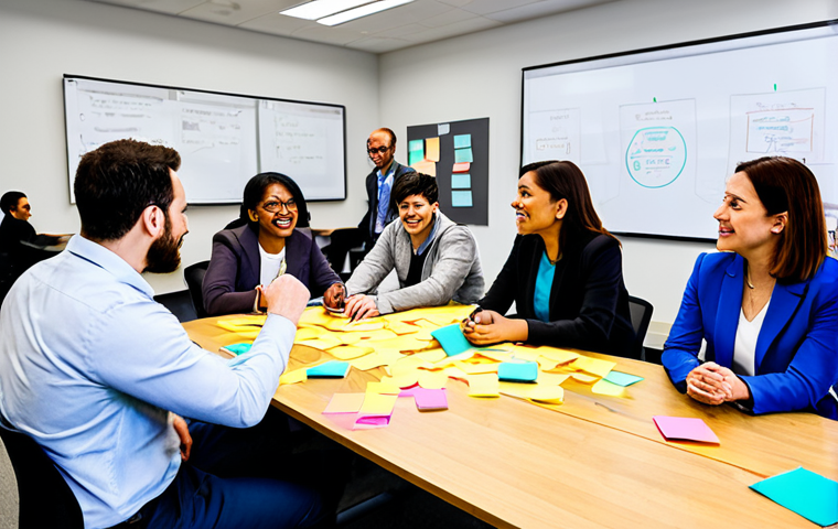 A diverse group of professional individuals, male and female, of various ethnicities, in their 30s-40s, engaged in an energetic Design Thinking workshop. They are fully clothed in modest professional business attire, gathered around a large table covered with colorful sticky notes and sketches. Some individuals are actively writing on a whiteboard, while others are discussing animatedly. The focus is on collaborative problem-solving and user empathy within a bright, modern innovation lab, with soft natural lighting. High-resolution professional photography, sharp focus, perfect anatomy, correct proportions, natural poses, well-formed hands, proper finger count, natural body proportions. safe for work, appropriate content, fully clothed, professional, family-friendly.
