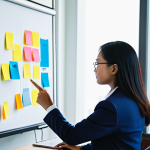 A diverse group of Malaysian professionals, fully clothed in modest business attire, collaborating actively in a modern, brightly lit office conference room in Kuala Lumpur. They are engaged in a dynamic brainstorming session, with whiteboards covered in colorful sticky notes and diagrams, illustrating innovative solutions. One team member gestures thoughtfully, while others are intently listening and contributing ideas. The atmosphere is professional and collaborative. This image showcases perfect anatomy, correct proportions, natural poses, well-formed hands, proper finger count, and natural body proportions. Professional photography, high quality, safe for work, appropriate content, family-friendly.