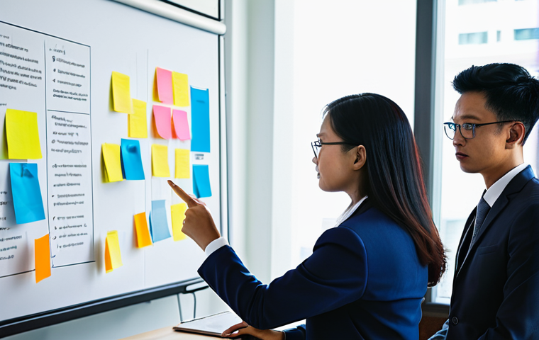 A diverse group of Malaysian professionals, fully clothed in modest business attire, collaborating actively in a modern, brightly lit office conference room in Kuala Lumpur. They are engaged in a dynamic brainstorming session, with whiteboards covered in colorful sticky notes and diagrams, illustrating innovative solutions. One team member gestures thoughtfully, while others are intently listening and contributing ideas. The atmosphere is professional and collaborative. This image showcases perfect anatomy, correct proportions, natural poses, well-formed hands, proper finger count, and natural body proportions. Professional photography, high quality, safe for work, appropriate content, family-friendly.