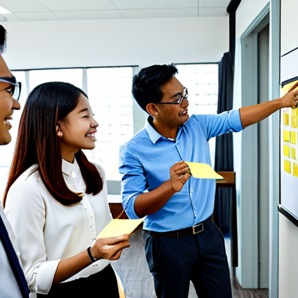 **
"A diverse team brainstorming ideas for a new tourism app in Melaka, Malaysia. They are using sticky notes and whiteboards in a bright, modern office space. Everyone is fully clothed in appropriate, professional attire. Focus on collaboration and innovation. Safe for work, family-friendly, perfect anatomy, natural pose, professional quality, appropriate content."
**
