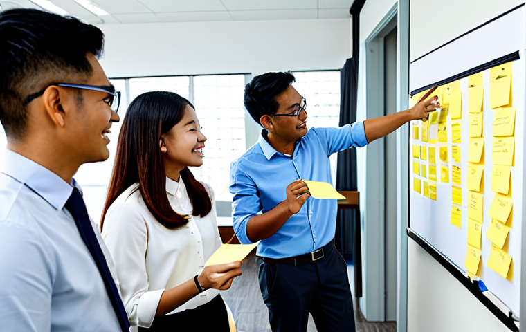 **
"A diverse team brainstorming ideas for a new tourism app in Melaka, Malaysia. They are using sticky notes and whiteboards in a bright, modern office space. Everyone is fully clothed in appropriate, professional attire. Focus on collaboration and innovation. Safe for work, family-friendly, perfect anatomy, natural pose, professional quality, appropriate content."
**