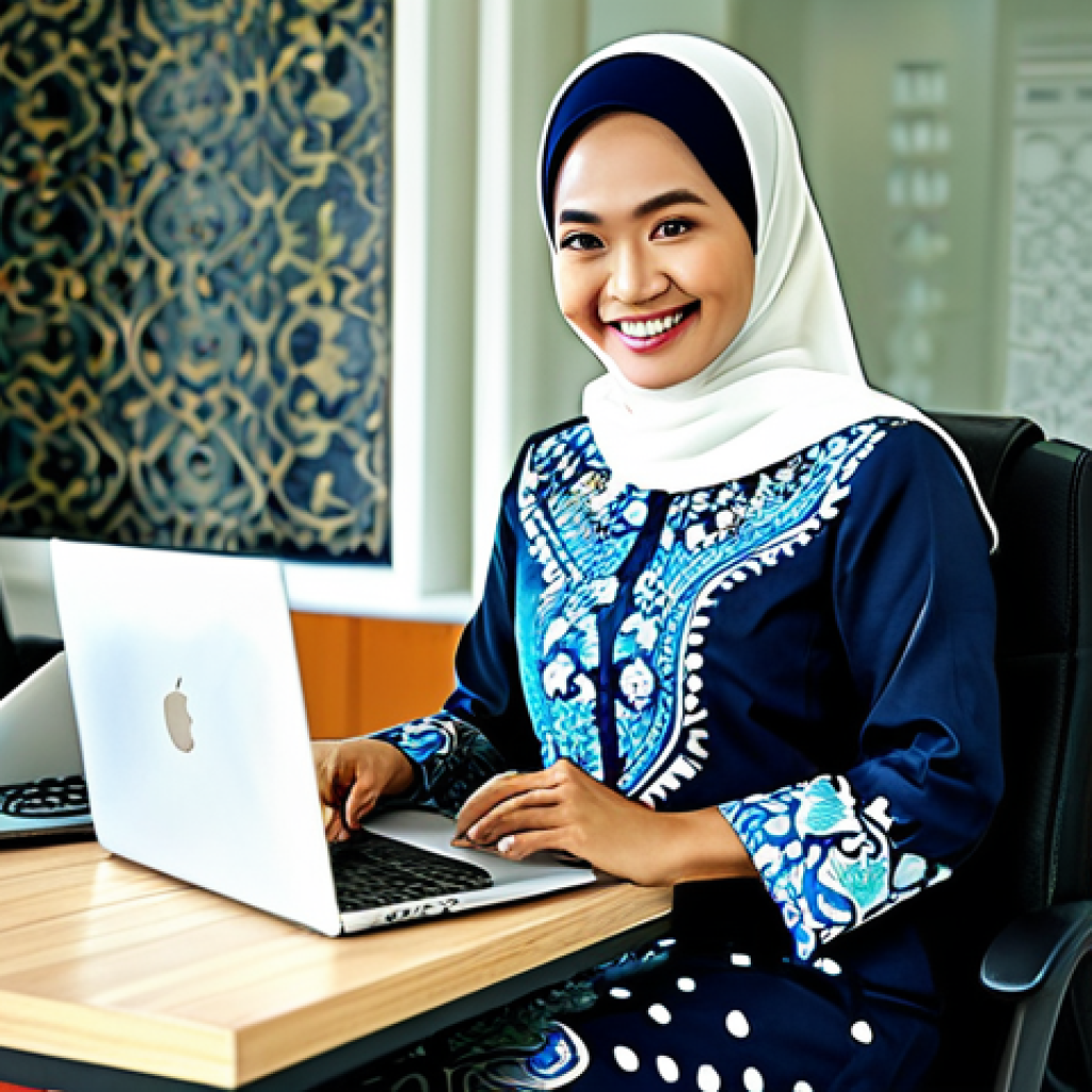 **
"A professional Malaysian woman, fully clothed in a modest baju kurung, smiling warmly in a brightly lit office. She is seated at a desk with a laptop, surrounded by Malaysian batik artwork. Safe for work, appropriate content, perfect anatomy, natural proportions, professional attire, family-friendly, high quality."
**