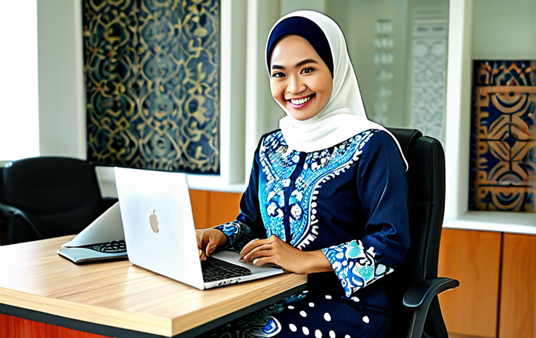 **
"A professional Malaysian woman, fully clothed in a modest baju kurung, smiling warmly in a brightly lit office. She is seated at a desk with a laptop, surrounded by Malaysian batik artwork. Safe for work, appropriate content, perfect anatomy, natural proportions, professional attire, family-friendly, high quality."
**