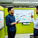 Home 19 디자인 씽킹의 다양한 접근법과 장단점 - A diverse Malaysian design thinking workshop scene in a modern office with natural light, showing a ...