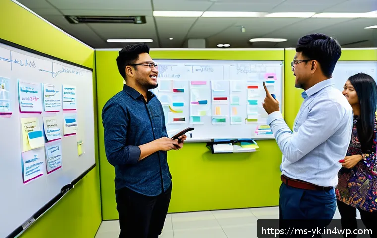 디자인 씽킹의 다양한 접근법과 장단점 - A diverse Malaysian design thinking workshop scene in a modern office with natural light, showing a ...