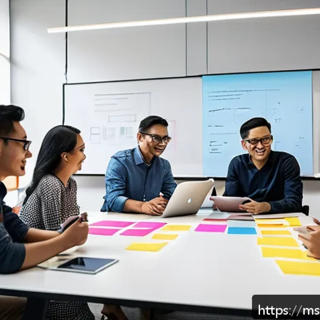 디자인 씽킹 기반의 아이디어 발상 기법 - A diverse group of Malaysian professionals in a modern office setting engaged in a structured brains...
