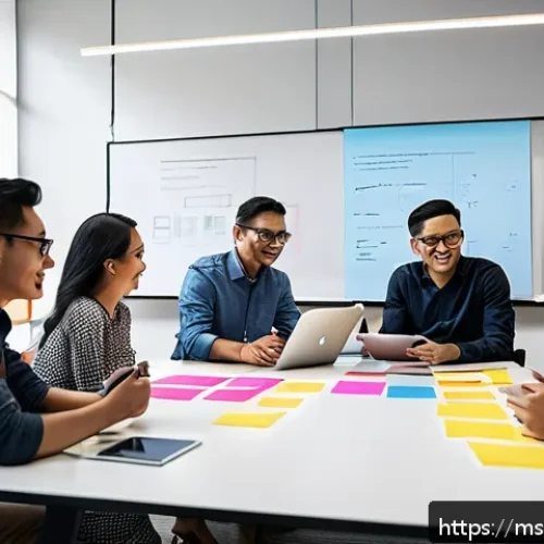 Home 17 디자인 씽킹 기반의 아이디어 발상 기법 - A diverse group of Malaysian professionals in a modern office setting engaged in a structured brains...
