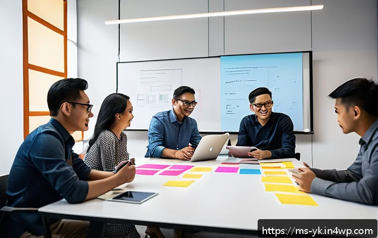 디자인 씽킹 기반의 아이디어 발상 기법 - A diverse group of Malaysian professionals in a modern office setting engaged in a structured brains...