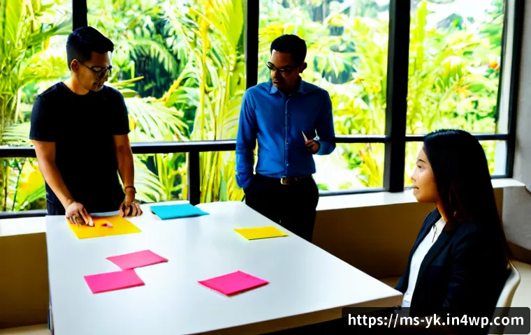 Home 17 디자인 씽킹을 활용한 효과적인 팀워크 증진 방법 - Photorealistic diverse Malaysian office team using design thinking for stronger teamwork, six collea...